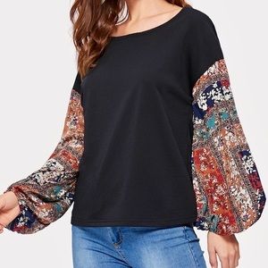 🌸Contrast Floral Print Blouson Sleeve Pullover🌸